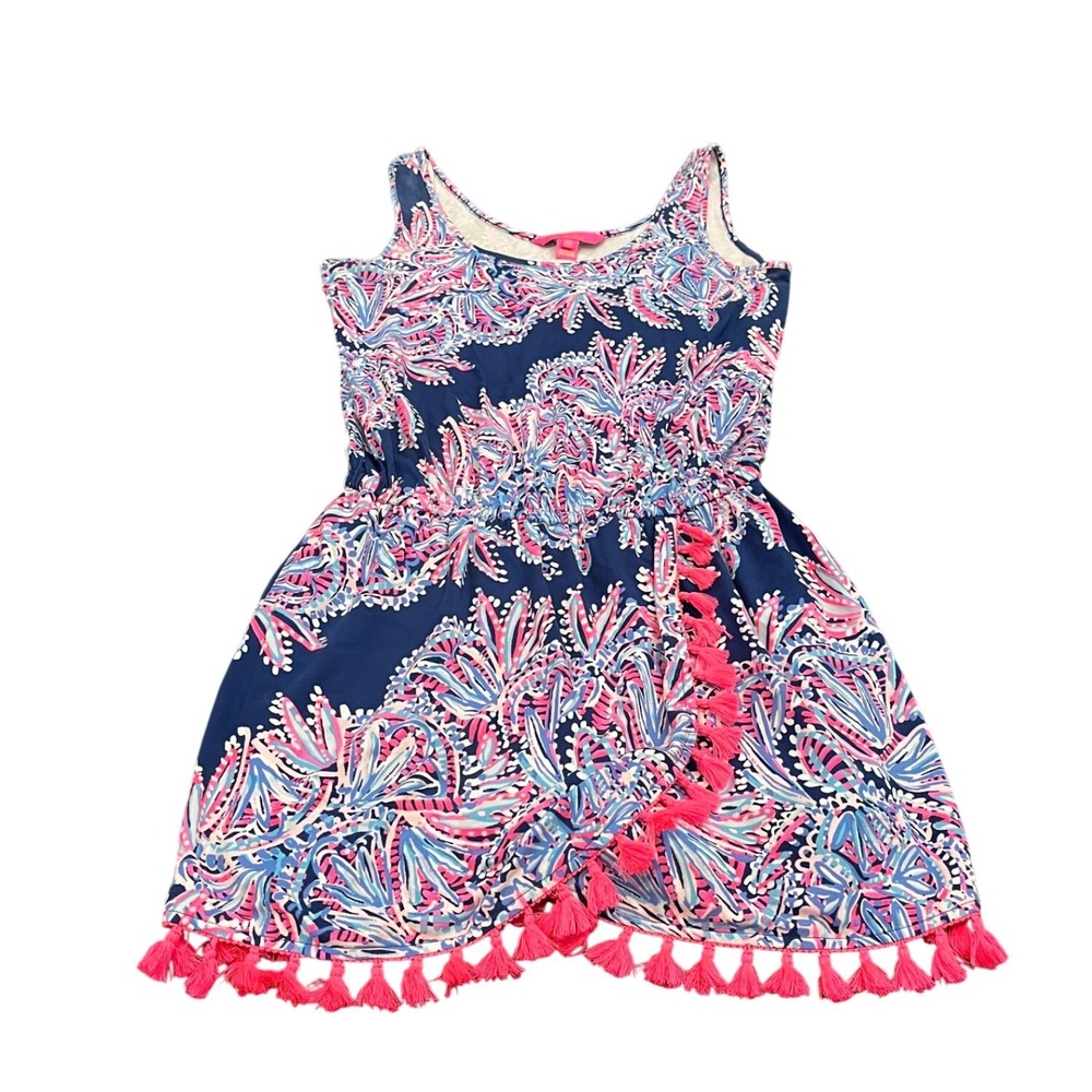 Lilly Pulitzer XS Miss Shell JARRETT ROMPER Navy July 4th Skirt Tassel Hem